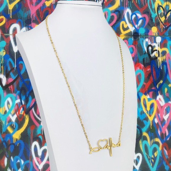 Heartbeat Stethoscope Heart EKG Stainless Nurse Bar Necklace Silver Rose Gold - Picture 7 of 15